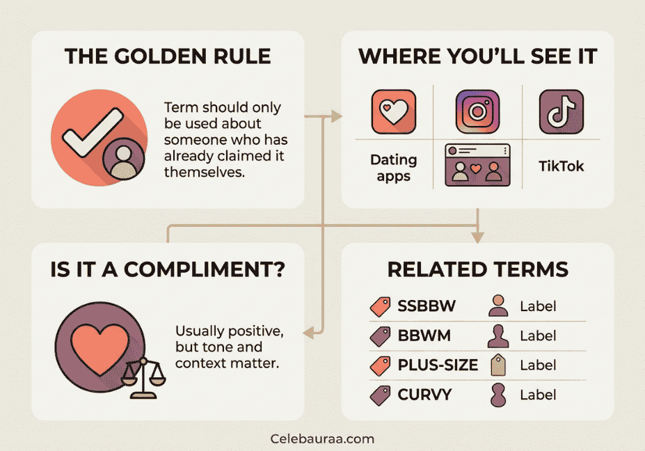 Infographic covering BBW usage etiquette, platform context, and related slang terms like SSBBW and plus-size." Caption: "How and where to use BBW respectfully, plus related terms to know."