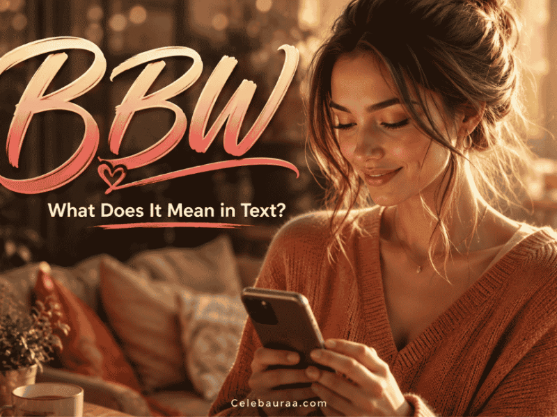 Confident woman smiling at her phone, representing the texting slang term BBW." Caption: "BBW meaning in text: what this popular slang term really stands for."