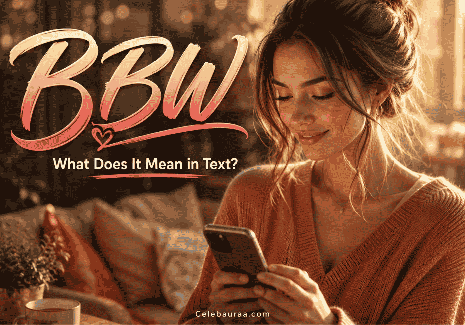 Confident woman smiling at her phone, representing the texting slang term BBW." Caption: "BBW meaning in text: what this popular slang term really stands for."