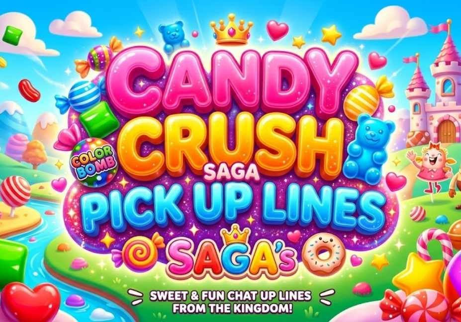 : A 16:9 widescreen 3D candy-themed illustration featuring vibrant 3D glossy lettering for the title, surrounded by signature Candy Crush Saga elements including a Color Bomb, striped candies, gummy bears, Tiffi, Mr. Toffee, and a candy kingdom background landscape.