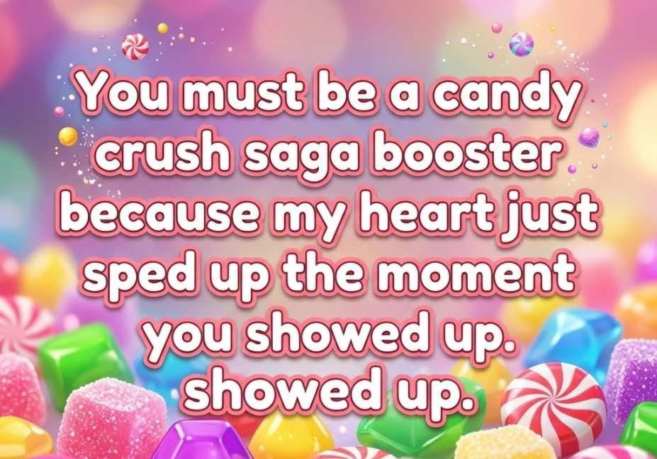 Candy crush saga pick up lines image with a cute booster-themed flirty quote on colorful candy background