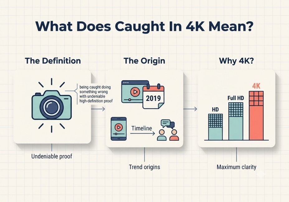 "Infographic explaining the definition, origin, and meaning of caught in 4K slang"