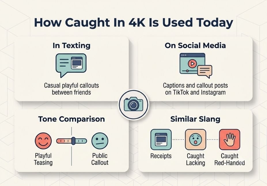"Infographic showing how caught in 4K is used in texting, social media, and similar slang terms"