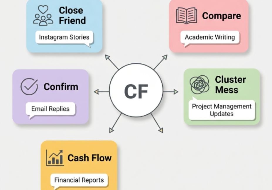 CF meaning in text – infographic showing five definitions including close friend, compare, and cash flow