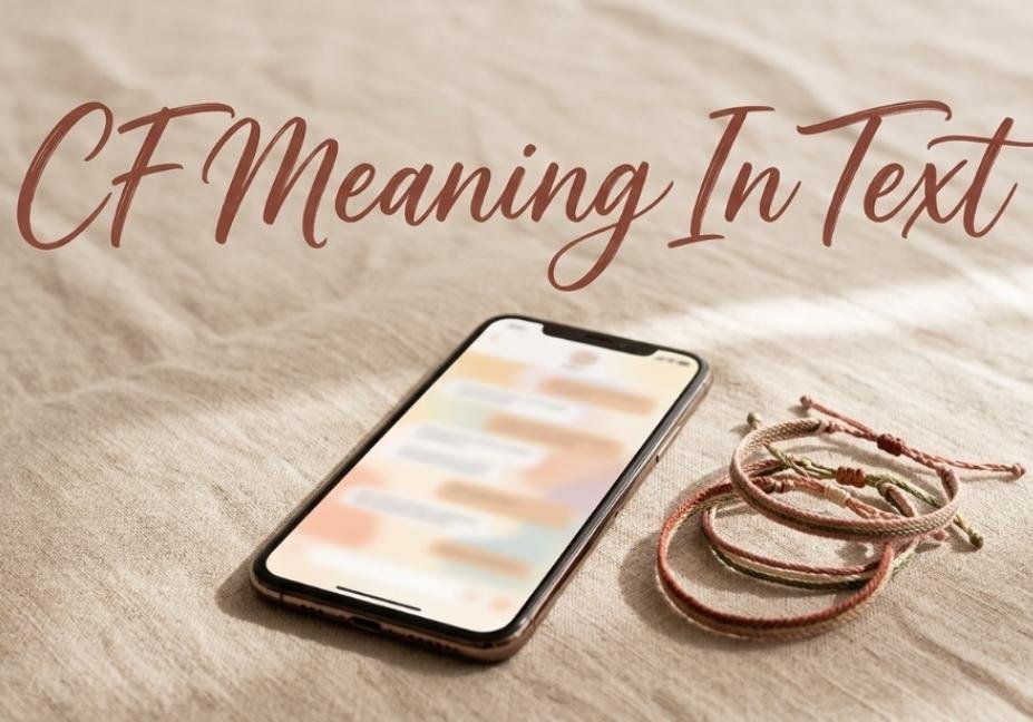 CF meaning in text – smartphone with glowing chat screen and friendship bracelets on linen background