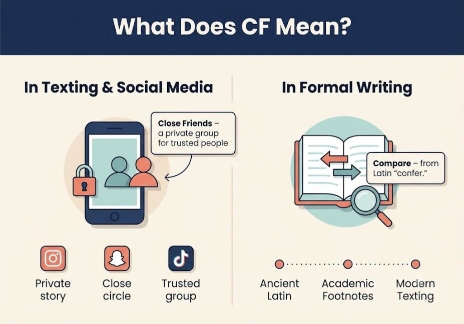 Infographic explaining what CF means in text — Close Friends on social media vs. Compare from Latin origin