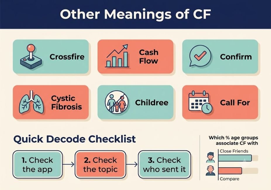 Infographic showing other meanings of CF in text — Crossfire, Cash Flow, Confirm, Cystic Fibrosis, Childfree, and Call For