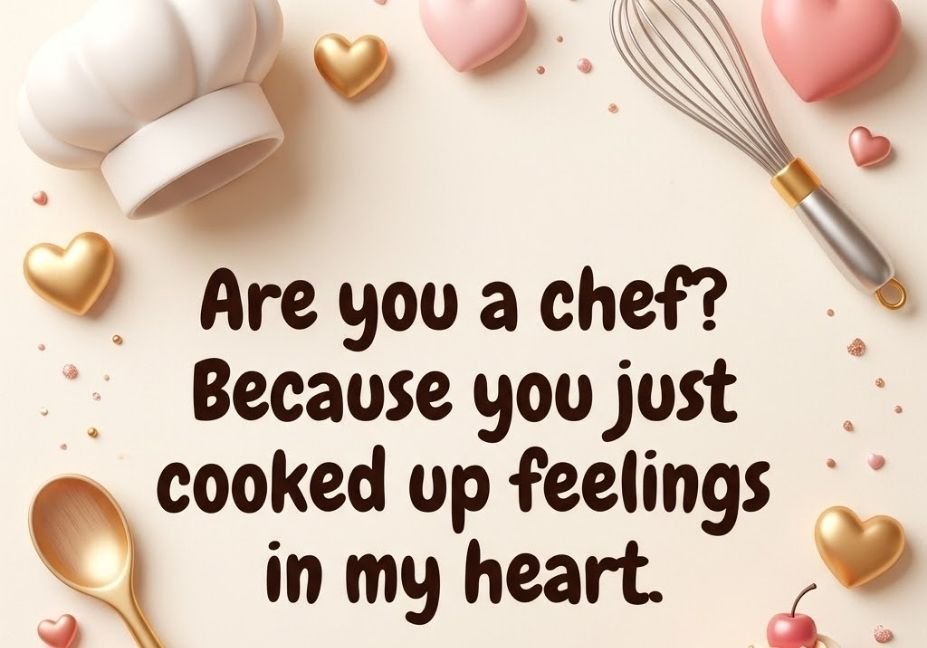Cute chef pick up lines graphic with chef hat, heart, whisk, and romantic text