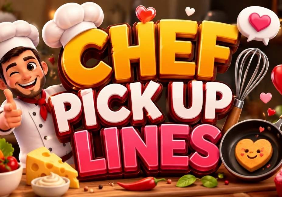 Colorful 16:9 blog featured image with large glossy 3D text reading “Chef Pick Up Lines” in gold, white, and pink colors. A cute smiling chef wearing a white hat points toward the title, surrounded by floating hearts, a whisk, frying pan with a heart-shaped pancake, cheese, tomatoes, herbs, cupcakes, and cooking utensils. The warm kitchen background and playful food-themed icons create a romantic, fun, and attractive design perfect for a chef pick-up lines article.