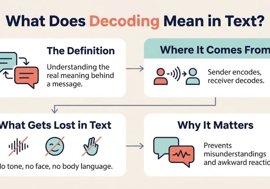Infographic explaining what decoding means in text, covering the definition, communication theory origin, missing tone and body language, and why it matters