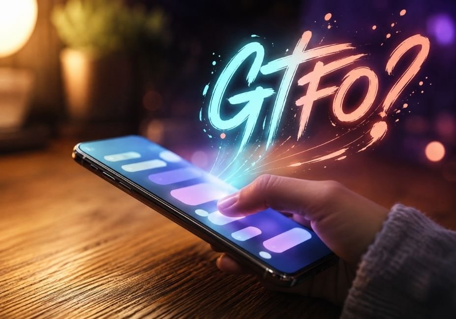 Hyper-realistic smartphone on a wooden desk with glowing “GTFO?” lettering above the screen, representing the GTFO texting acronym and modern internet slang.