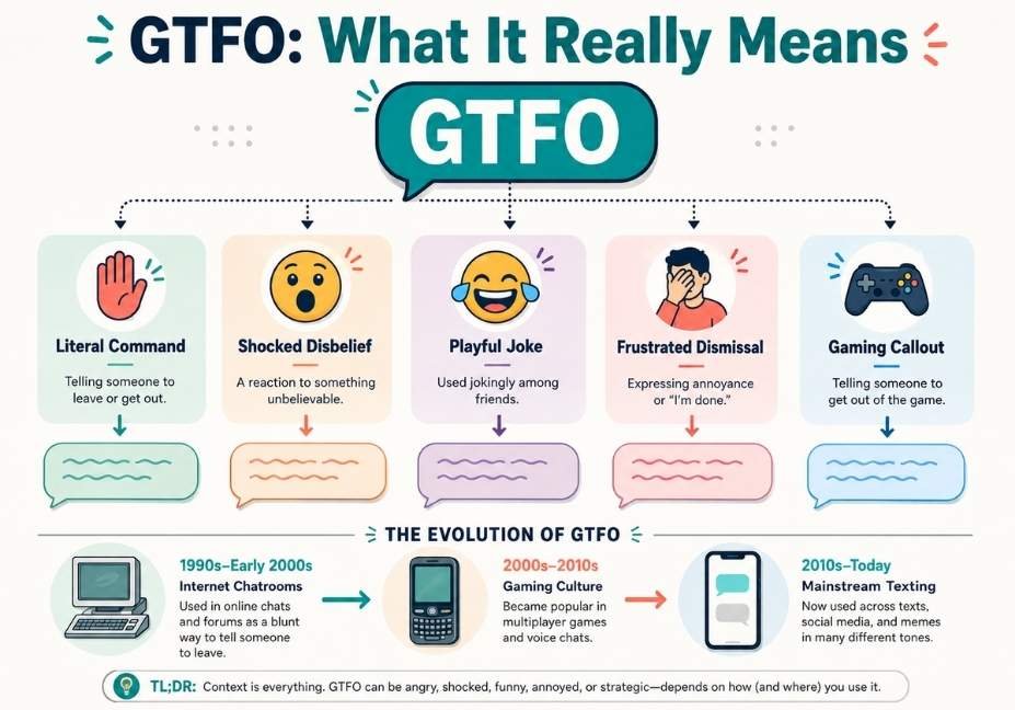 Flat infographic explaining the meaning of GTFO, showing its different tones including literal command, shocked disbelief, playful joke, frustrated dismissal, gaming callout, and its evolution from internet chatrooms to modern texting.
