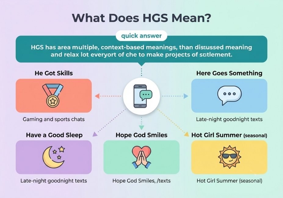 Infographic showing five common meanings of HGS in texting, including He Got Skills and Have a Good Sleep"