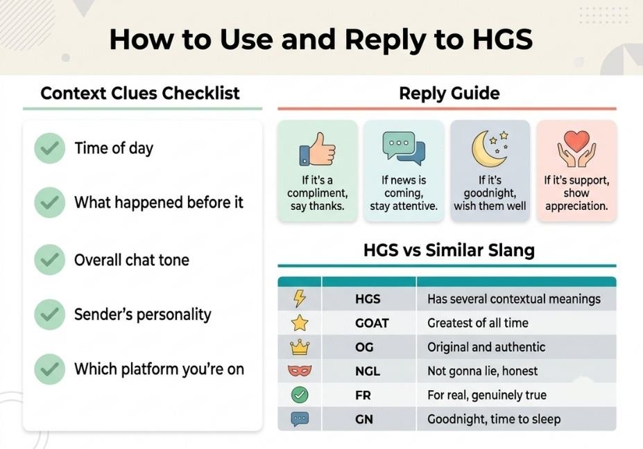 "Infographic explaining how to reply to HGS texts and comparing it to similar texting slang like GOAT and NGL"