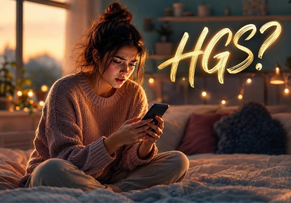 Person reading a confusing HGS text message on their phone in a cozy bedroom at dusk"