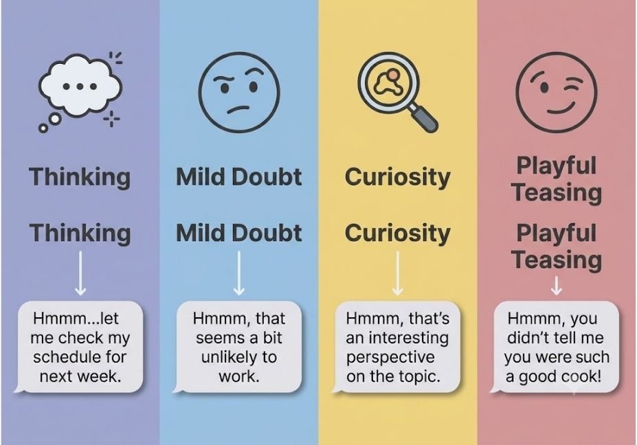 hmmm meaning in text – infographic showing four meanings including thinking, doubt, and curiosity