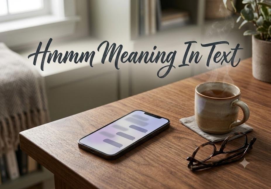 hmmm meaning in text – smartphone with glowing chat screen, coffee mug, and glasses on wooden desk