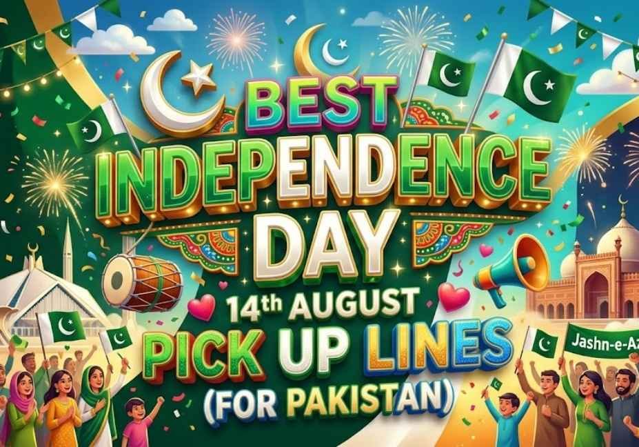 A vibrant 16:9 illustration celebrating Pakistan's Independence Day. Prominently featured in bold, 3D text in green, white, and gold is the title "BEST INDEPENDENCE DAY PICK UP LINES (FOR PAKISTAN)" accompanied by the date "14th August." The festive background includes iconic Pakistani landmarks such as Minar-e-Pakistan, Faisal Mosque, and Badshahi Mosque set under a fireworks-lit sky. Festive elements surround the text, including crescent moons and stars, Pakistani flags, bunting, confetti, fairy lights, a traditional dhol drum, heart icons, and a megaphone. At the bottom, a diverse crowd of joyful people in traditional attire wave Pakistani flags and celebrate.