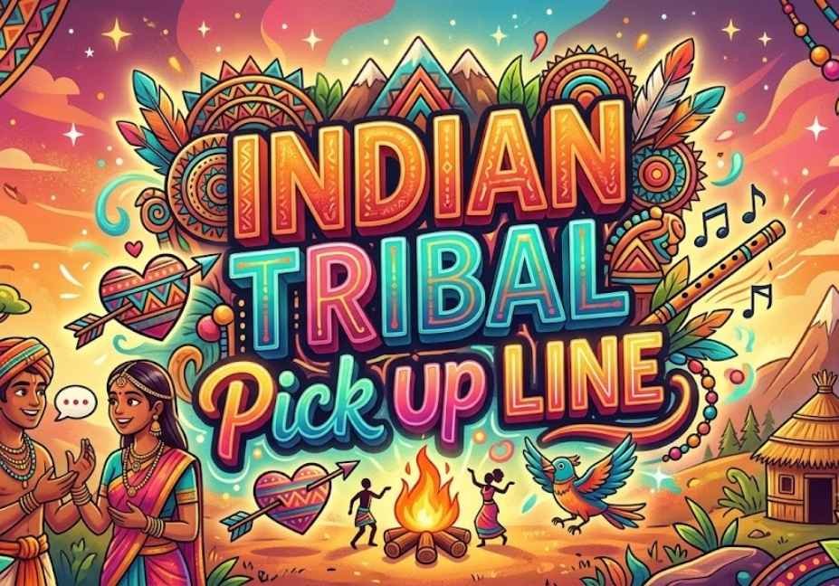 A vibrant, colorful 16:9 illustration featuring bold 3D text that reads "INDIAN TRIBAL PICK UP LINE" prominently in the center. The lettering is adorned with traditional geometric patterns and vivid hues of teal, magenta, orange, and gold. Surrounding the title are various 3D icons and motifs, including a tribal heart pierced by an arrow, a campfire, feathers, musical instruments, and traditional folk art patterns. On the left, an Indian tribal couple in traditional attire interacts with a speech bubble, set against a warm, scenic background of mountains, trees, and a clear sky.