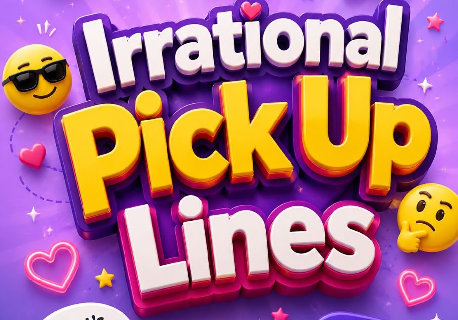 Colorful 3D illustration of 'Irrational Pick Up Lines' with bold 3D text, hearts, emojis, speech bubbles, and playful icons on a vibrant purple gradient background in a fun, romantic cartoon style."