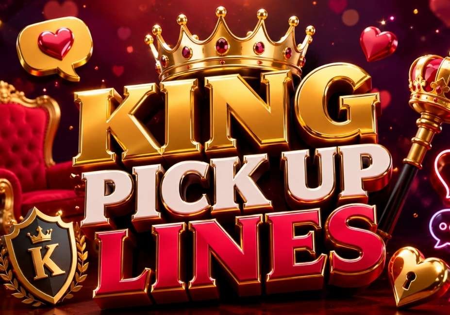 King pick up lines in bold 3D gold, white, and red text with a jeweled crown, royal throne, scepter, hearts, chat bubbles, gems, and romantic royal-themed background.