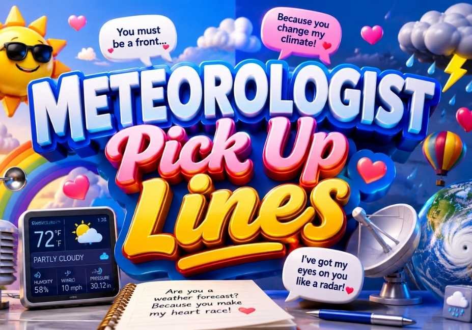 Colorful 3D featured image for Meteorologist Pick Up Lines with glossy typography, weather forecast icons, smiling sun, storm clouds, lightning, rainbow, satellite dish, anemometer, weather station, globe, hot air balloon, hearts, and romantic weather-themed elements in a vibrant 16:9 design."