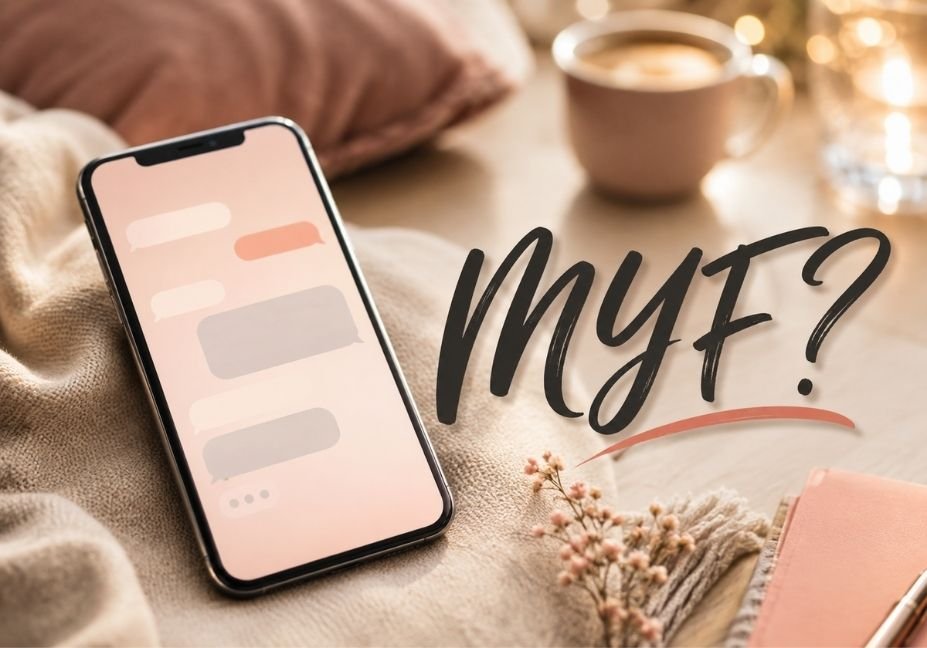 myf meaning in text explained with phone and calligraphy graphic