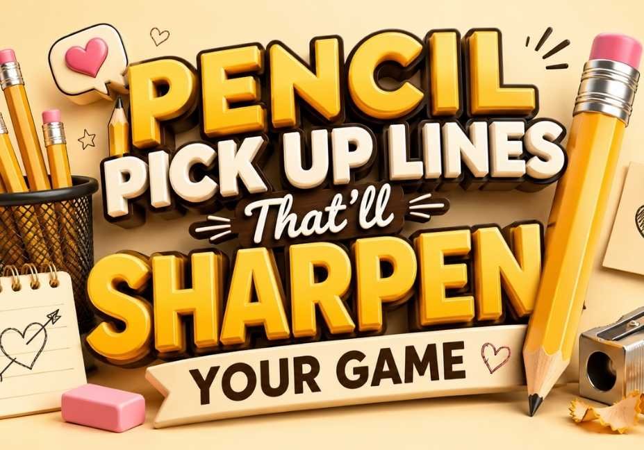 3D cream-themed illustration featuring pencil pick up lines, yellow pencils, hearts, stationery icons, and bold text “Pencil Pick Up Lines That’ll Sharpen Your Game”