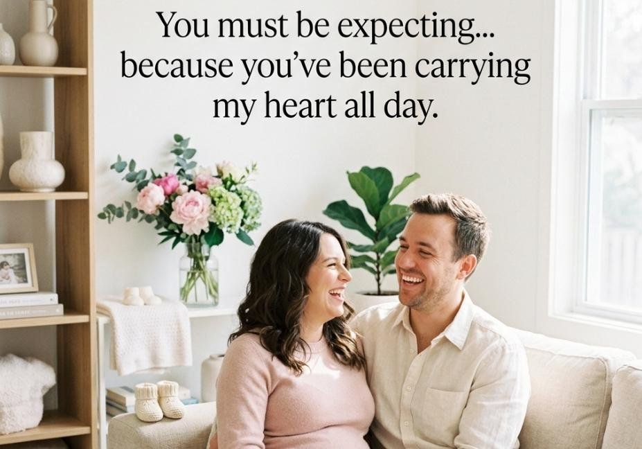 Cute pregnancy Pick up lines on a romantic image of a smiling expecting couple.