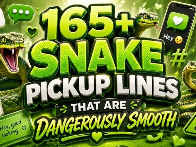 Green 3D thumbnail featuring the title “165+ Snake Pickup Lines That Are Dangerously Smooth” with realistic snakes, hearts, chat bubbles, smartphone, social media icons, warning signs, and jungle-themed graphics on a vibrant green background.