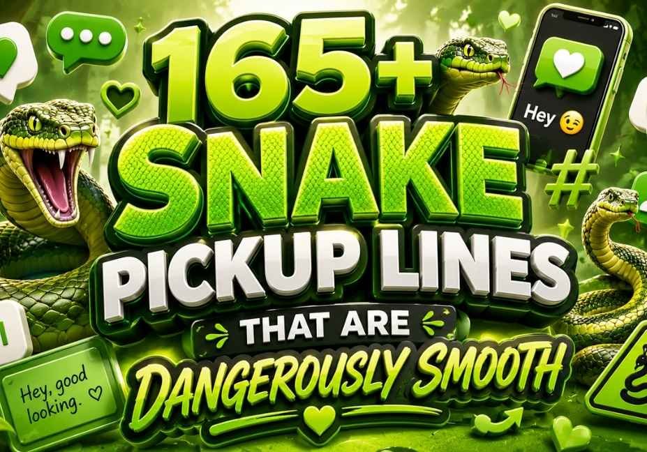 Green 3D thumbnail featuring the title “165+ Snake Pickup Lines That Are Dangerously Smooth” with realistic snakes, hearts, chat bubbles, smartphone, social media icons, warning signs, and jungle-themed graphics on a vibrant green background.