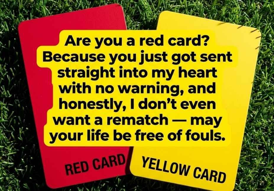 Soccer pick up lines quote on red and yellow card background resting on green turf"