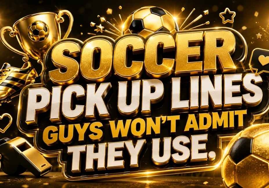 Gold-themed 3D featured image for Soccer Pick Up Lines Guys Won't Admit They Use, showcasing bold metallic typography with a soccer ball, trophy, football boots, whistle, hearts, chat bubble, and stadium lights in a premium 16:9 design."