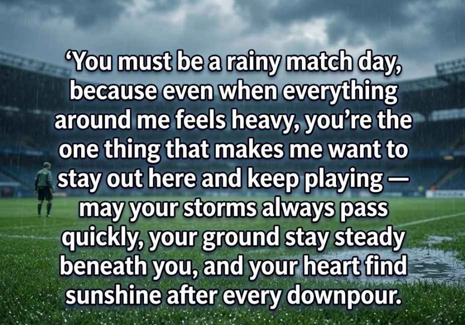 Soccer pick up lines message on rainy soccer field background with raindrops and overcast sky"