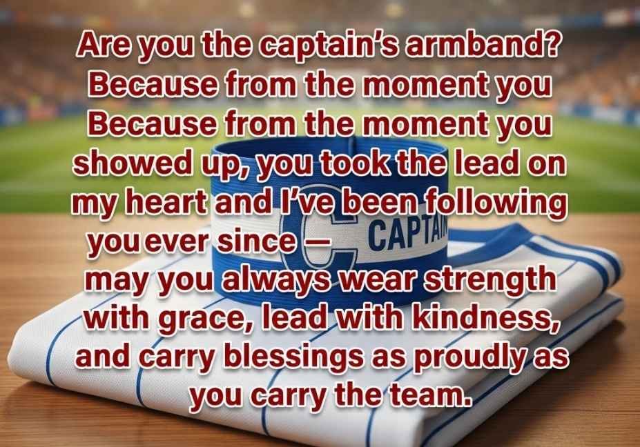 "Soccer pick up lines blessing on captain's armband background with folded jersey and warm lighting"