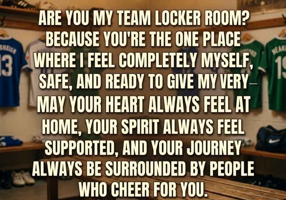 Soccer pick up lines message on cozy soccer locker room background with hanging jerseys and warm light"