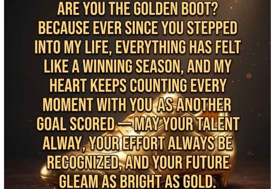 Soccer pick up lines quote on golden soccer boot background with elegant spotlight and dark backdrop"