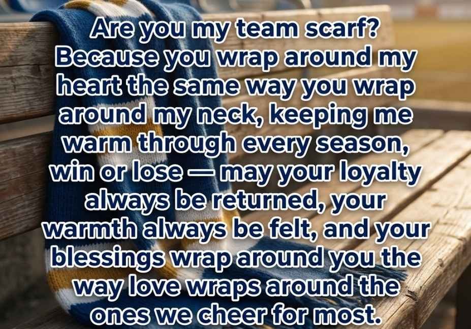 Soccer pick up lines blessing on knitted fan scarf background with stadium seats in soft afternoon light"