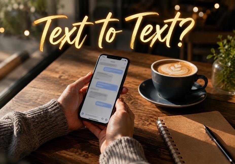 Hands holding a smartphone with a text messaging app open on a cafe table, illustrating text to text meaning"
