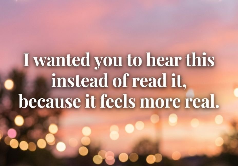 A quote about wanting to be heard instead of read, set against a dreamy pink and lavender sunset with bokeh lights and glowing hearts.