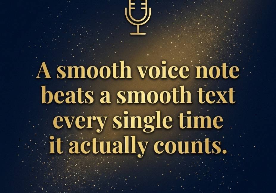A quote about the power of voice notes over texts, set against a sleek navy blue background with gold shimmer and a minimal microphone icon