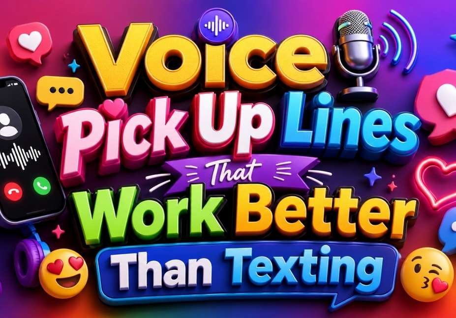 Colorful 3D illustration featuring the title “Voice Pick Up Lines That Work Better Than Texting” with a microphone, smartphone call screen, headphones, chat bubbles, hearts, emojis, and sound wave icons on a vibrant multicolor gradient background in 16:9 format.