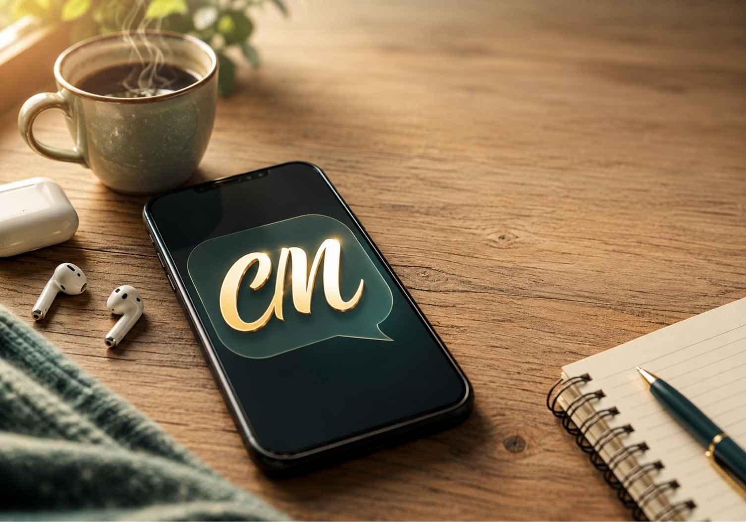 Smartphone on desk displaying "CM" in calligraphic text, illustrating what does cm mean in text