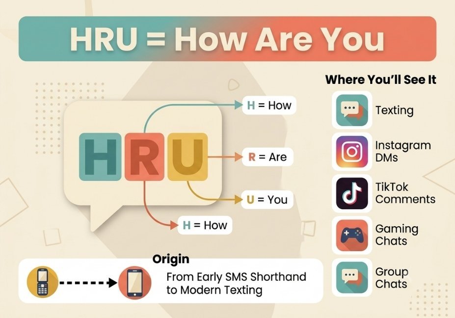 Infographic breaking down HRU meaning as How Are You with icons for texting, Instagram, TikTok, gaming, and group chats