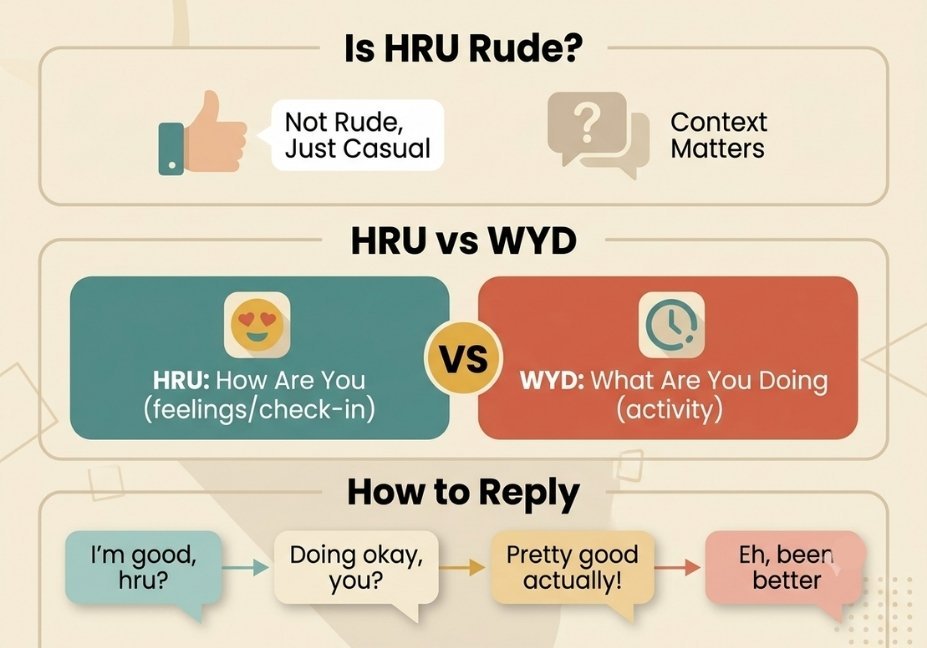 Infographic comparing HRU and WYD meanings with reply examples and etiquette tips for texting