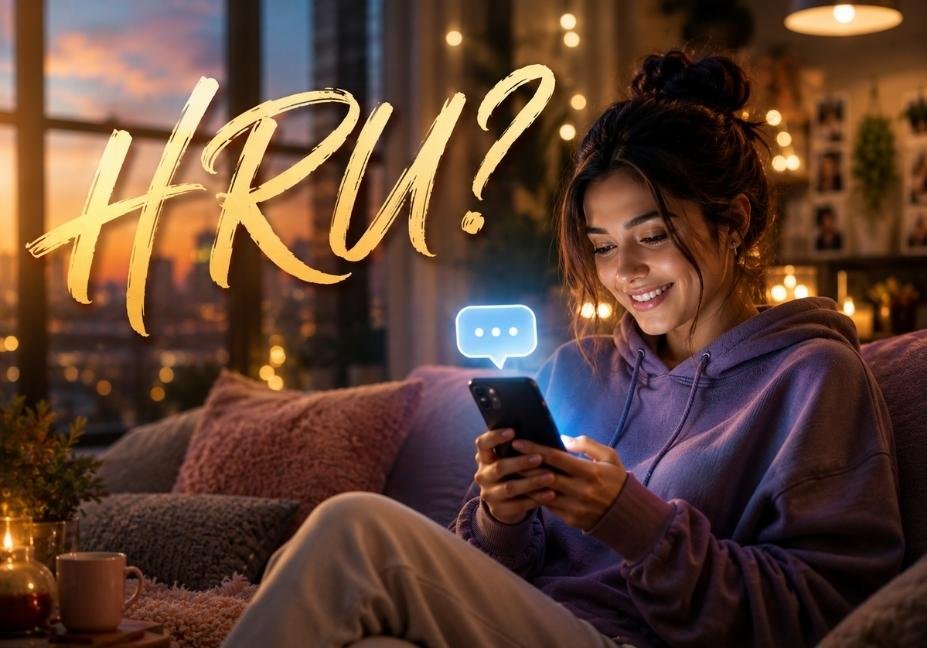 Person smiling at glowing smartphone with "HRU?" calligraphy text overlay, representing texting slang meaning