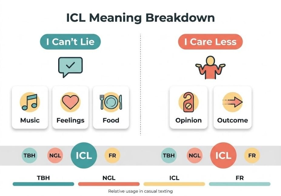 Flat design infographic titled "ICL Meaning Breakdown." The left side shows "I Can't Lie" with icons for music, feelings, and food. The right side shows "I Care Less" with icons for opinion and outcome. Across the bottom, a comparison bar highlights "ICL" alongside slang terms TBH, NGL, and FR.