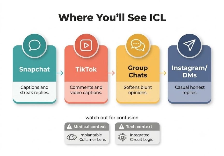 Horizontal infographic titled "Where You'll See ICL" featuring four colorful panels showing platform uses: Snapchat, TikTok, Group Chats, and Instagram/DMs. Below the main panels, a gray "watch out for confusion" section highlights alternative meanings for Medical (Implantable Collamer Lens) and Tech (Integrated Circuit Logic) contexts.