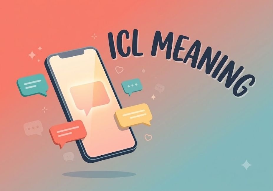 Flat modern vector illustration of a tilted smartphone floating over a coral-pink to teal-blue gradient background. The phone screen glows softly with an abstract speech bubble, surrounded by colorful floating chat bubbles. Bold curved hand-lettered text in deep navy reads "ICL MEANING" in the upper right.