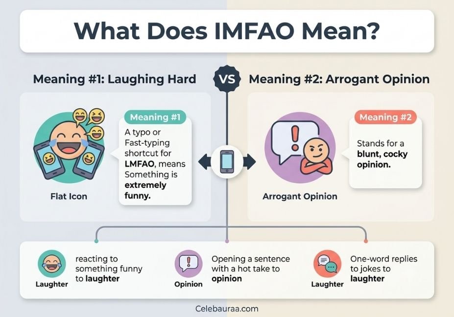 Infographic explaining the two meanings of IMFAO: laughing hard versus giving an arrogant opinion." Caption: "IMFAO has two meanings, here's how to tell them apart from context."